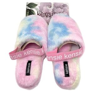 Kensie Fluffy Faux Fur Slingback Slippers Rainbow Tie Dye Size Medium 8